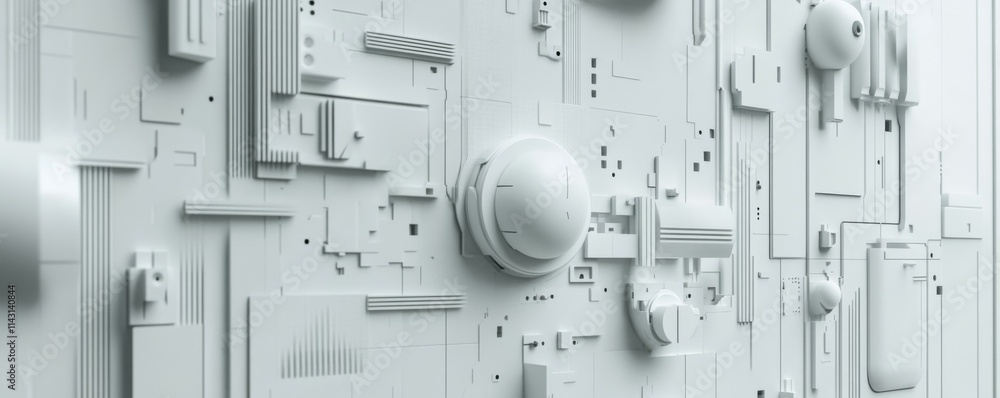 Poster white tech background, with a geometric 3d structure. clean, minimal design with simple futuristic f