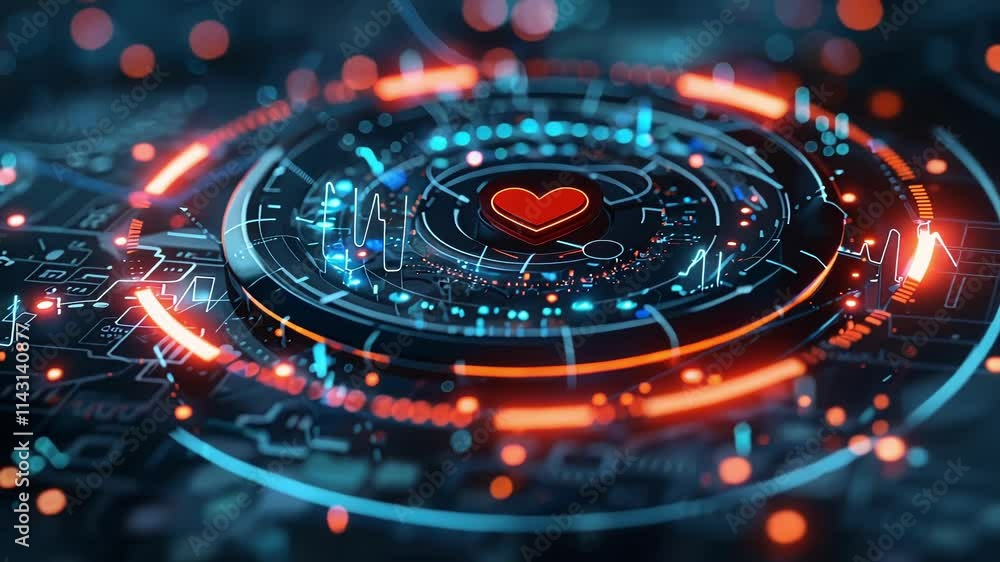 Poster futuristic circular hologram illuminating a circuit board, displaying a red heart symbol and heartbe