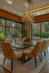 Fototapeta premium Photographie immobilière professionnelle d'une salle à manger moderne avec table en verre et vue sur le jardin, créant un espace lumineux et aéré