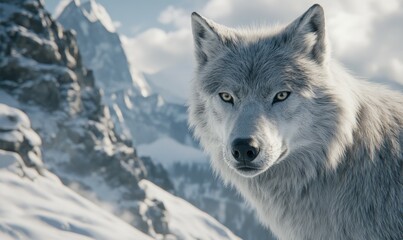 Obraz premium Wild wolf pack leader with intense gaze, mountain wilderness background