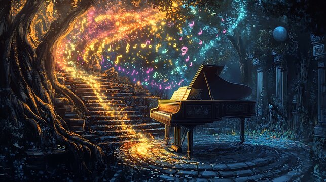Grand Piano in a Magical Enchanting Forest Setting