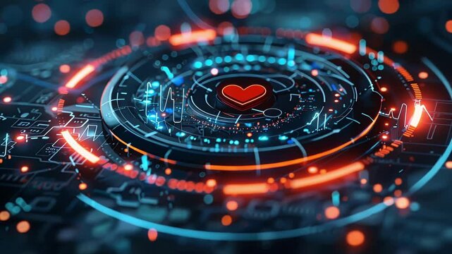 Futuristic circular hologram illuminating a circuit board, displaying a red heart symbol and heartbeat monitor lines, suggesting advancements in health technology and artificial intelligence