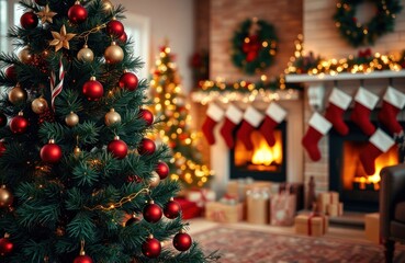 Cozy living room decorated for Christmas. Christmas tree with red and gold ornaments. Warm...