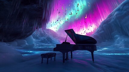 Grand Piano in a Magical Ice Cave with Falling Musical Notes