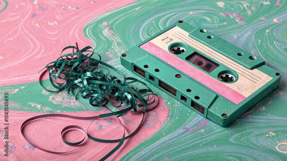 Poster faded memories a still image of a vintage cassette tape depicted in muted neon colors where the tape