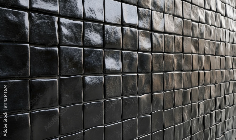 Poster square, black mosaic tiles arranged in the shape of a wall. semigloss, blocks stacked to create a fu