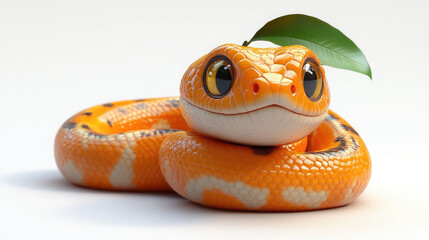 Fototapeta premium Cute 3D cartoon snake with orange tangerine on head on white background, symbol of 2025, Christmas, Chinese New Year, character, reptile, fruit