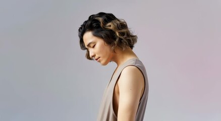 Young Asian male with wavy, two-toned hair, wearing sleeveless top, looking down against simple gradient background - Powered by Adobe