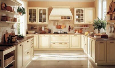 The floor cozy beige kitchen.