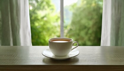 A tranquil scene with a mug of fragrant tea on a table, soft curtains in saran and a view of blue nature outside the window