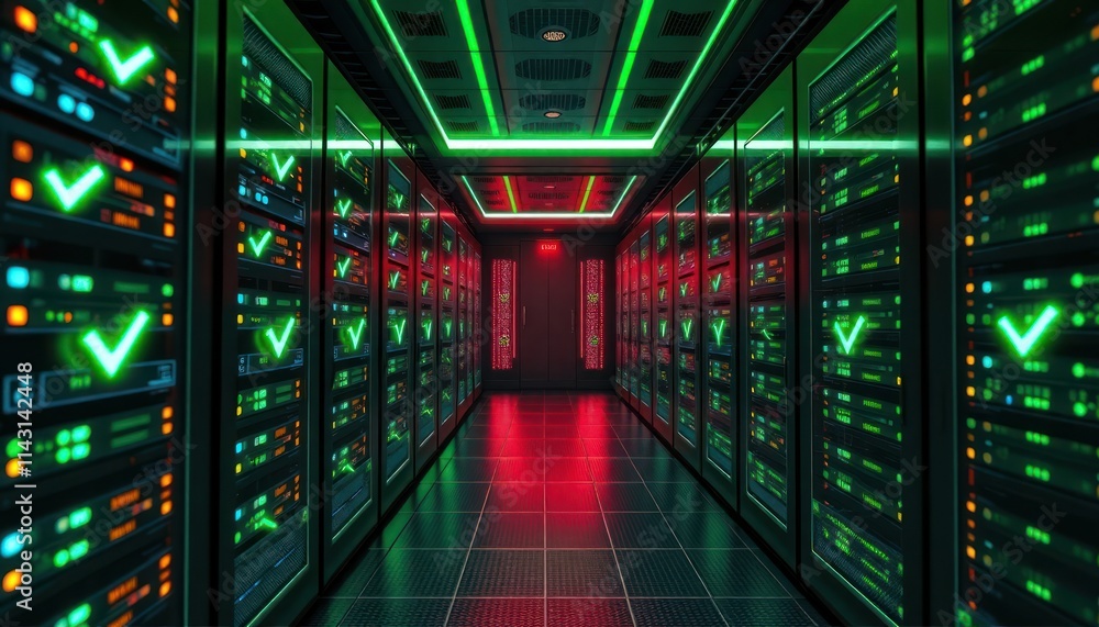 Poster futuristic data center. illuminated servers display green checkmarks signifying successful operation