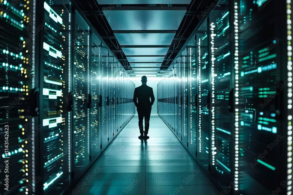 Poster it engineer walking down a server room corridoor in a data center, checking equipment and network co