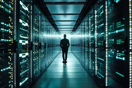 It engineer walking down a server room corridoor in a data center, checking equipment and network connections