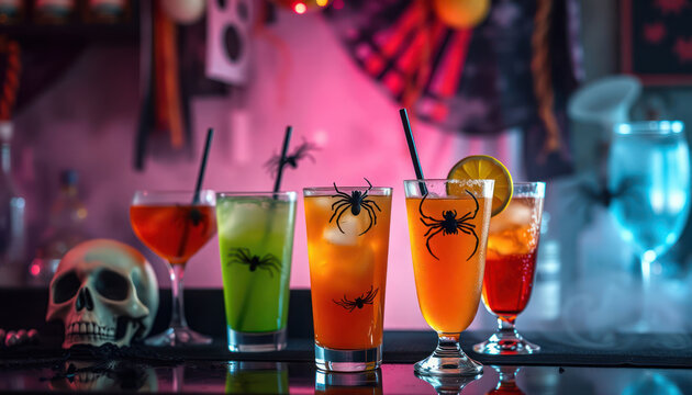 Halloween bar counter displays spooky themed drinks. Colorful cocktails with spider decorations on ice. Skull, spiderwebs add to eerie atmosphere. Nighttime setting for party. Drinks eye-catching,