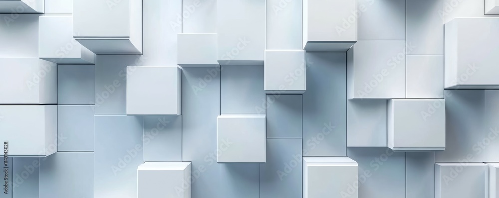 Poster white tech background, with a geometric 3d structure. clean, minimal design with simple futuristic f