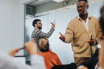 A diverse group of people engage in a collaborative brainstorming session. The focus is on teamwork and idea generation in a contemporary office environment.