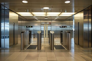 Turnstiles are guarding the entrance to a modern office building with elevators in the background