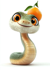Fototapeta premium Cute 3D cartoon snake with orange tangerine on head on white background, symbol of 2025, Christmas, Chinese New Year, character, reptile, fruit