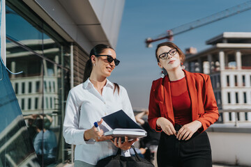 Two businesswomen engage in a professional conversation on a high tower balcony, with a cityscape...