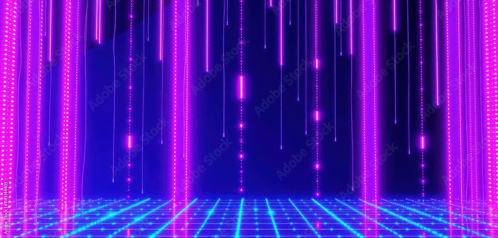 Poster abstract futuristic background with vibrant purple, blue gradient vertical lines, glowing dots. dyna