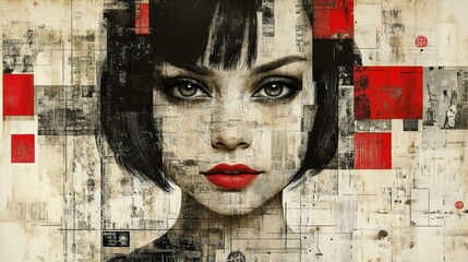 A Dramatic Artistic Portrait of a Woman with Red Lips in Abstract Cubist Style Highlighting Intricate Details and Layers of Textured Patterns