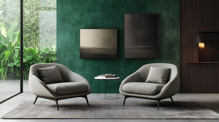 A couple of armchairs with a green concrete wall background The interior design is modern