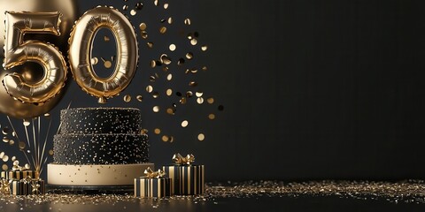 Black and gold 50th birthday cake with balloons and gift boxes from a different angle