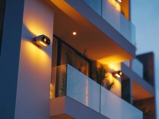 A bright balcony equipped with glowing outdoor security cameras blending seamlessly into the modern design