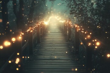 Lighted pathway bridges dark, wooded area.