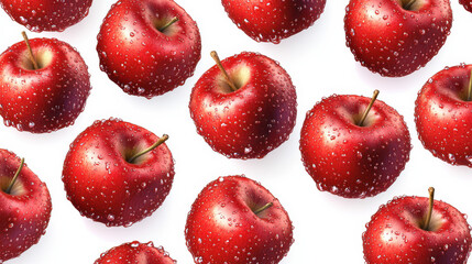 A detailed cut-out graphic of glossy, fresh red apples with a pristine, vivid red color, slightly water-speckled for a fresh look, arranged in a scattered pattern on a clear white background, their sh