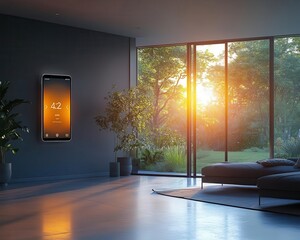 A glowing app on a smartphone controlling a home s automated thermostat, sunlight streaming through large windows