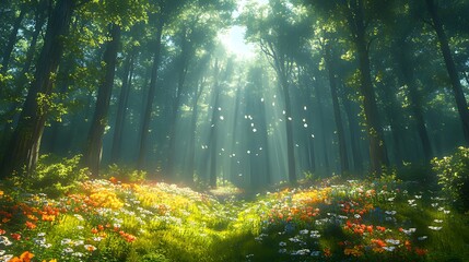 Fototapeta premium Sunbeams illuminate a magical forest path, wildflowers carpet the ground, butterflies dance in the air.