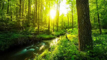 Obraz premium A tranquil forest scene in early spring, showcasing fresh green foliage, soft sunlight streaming through the trees, and a gentle creek winding through the landscape, creating a serene atmosphere.