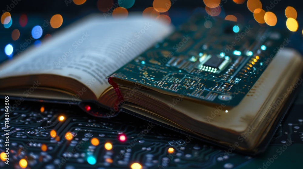 Poster a visually striking concept of an open book featuring an integrated circuit board, illuminated by wa