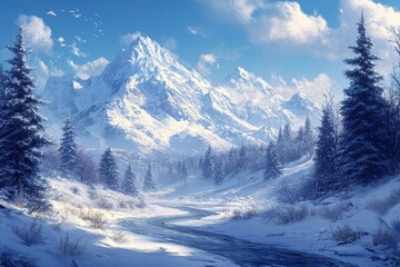 Winter valley with a winding frozen river beneath majestic snow-capped mountains and bright blue skies