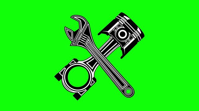 wrench and piston engine crossed animation. mechanical car engine motion on green screen background. animated 4k chroma key