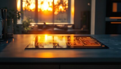 A glowing screen on a kitchen countertop tracking the synchronization of all connected appliances, sunlight reflecting softly
