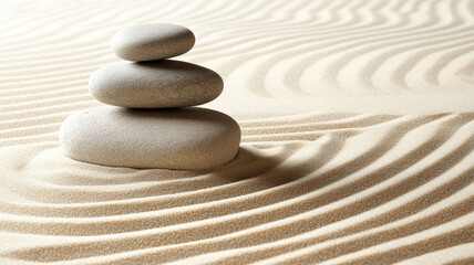 A tranquil Japanese zen garden featuring smooth raked sand patterns and carefully placed stones, creating a peaceful and meditative atmosphere, perfect for reflection and relaxation.
