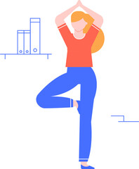 Young office worker practicing yoga in tree pose, promoting workplace wellness, stress reduction, and mindfulness during work breaks for improved focus and productivity
