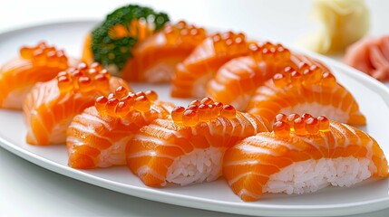 Salmon Sushi Nigiri with Orange Tobiko Roe on a White Plate