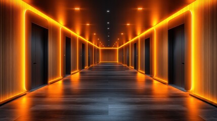 Modern dark corridor with orange neon lights and wooden walls.