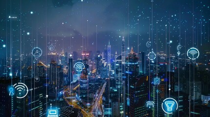 Night cityscape shows network connectivity with digital icons, reflecting a smart, advanced urban environment