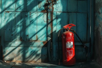 Red fire extinguisher standing next to an old, blue, rustic door, providing safety and protection