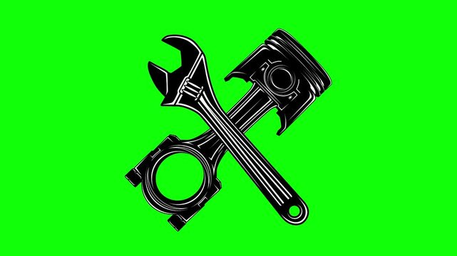 Automotive pistons and wrench crossed animation. garage service motion on green screen background.   car workshop logo animated 4k chroma key