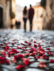 Romantic stroll on a cobblestone street with rose petals scattered in the foreground during sunset