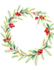 Watercolor round christmas frame with fir branches berry leaves plant herb winter flora isolated on white background. Botanical greenery holiday illustration for wedding invitation card design, Colo