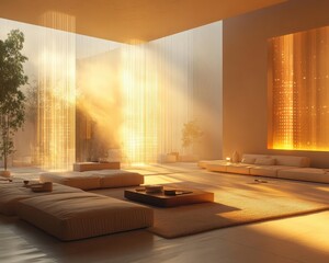 A serene living room where glowing holographic automation controls are projected, sunlight illuminating minimalist furniture