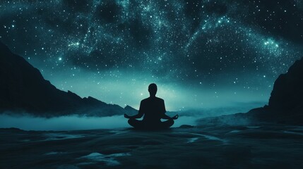 Silhouette meditates, mountains, starry night sky.