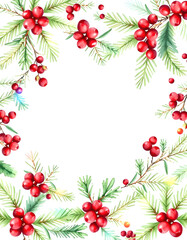Watercolor round christmas frame with fir branches berry leaves plant herb winter flora isolated on white background. Botanical greenery holiday illustration for wedding invitation card design, Colo