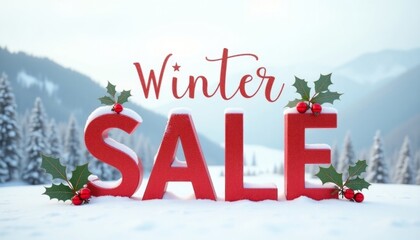 A festive winter sale banner with illuminated red letters on a snowy landscape, perfect for holiday promotions and winter sales.
